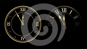 Happy New year 2021. Gold clock, arrows, isolated on black background. Golden design holiday banner, Christmas