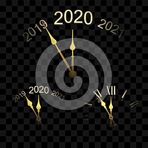 Happy New year 2020. Gold clock, arrows, isolated black transparent background. Golden design holiday banner, Christmas