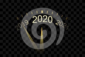 Happy New year 2020. Gold clock, arrows, isolated black transparent background. Golden design holiday banner, Christmas