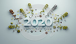 Feliz nuevo 2020 de bebé papel picado estrellas a 2020 número día festivo tarjeta de felicitación .  gráficos tridimensionales renderizados por computadora ilustraciones 