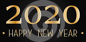 Happy New Year 2020. Gold luxury banner. Merry Christmas card with golden frame and snow flakes. Bright text on black background.