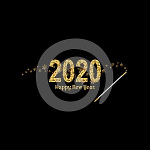 Happy New Year gold number 2020. Bright golden design with sparkle and Magic wand with stars. Holiday glitter typography