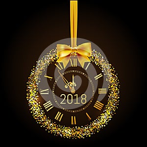 Happy New Year 2017 gold vintage watch. Creeting Happy New Year gold clock with bow and circle glitter and sparkle frame. Vector