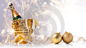 Happy New Year! A golden bucket with champagne, two glasses and a golden serpentine against