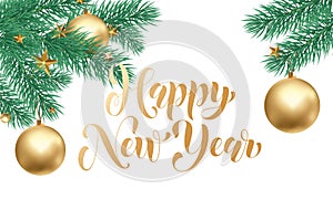 Happy New Year golden calligraphy hand drawn text and golden ball or star ornament for greeting card background template. Vector C
