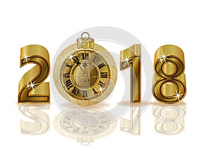 Happy New 2018 year with golden clock isolated