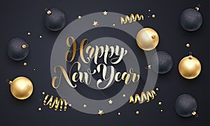 Happy New Year golden decoration, hand drawn gold calligraphy font for greeting card black background. Vector Christmas or Xmas go