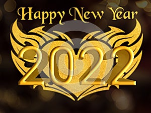 Happy New Year 2022 With Golden Glitter Heart And Golden Typography Text.