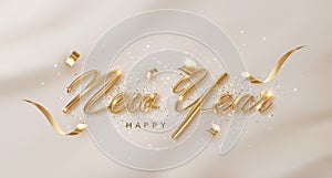 Happy new year golden inscription with ribbons and confetti on a white background. Banner for Christmas holiday.