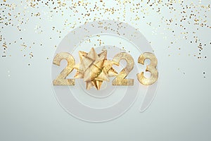 Happy new year, golden numbers 2023 on a white background. Holiday card, magazine style, banner, website header, web poster,