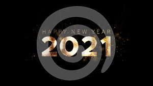 Happy New Year 2021 golden particles bokeh black background new year resolution concept.