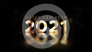 Happy New Year 2021 golden particles bokeh black background new year resolution concept. photo