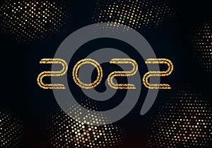 Happy new year 2022 golden shining numbers on black background. Party poster, banner or invitation, decoration with gold