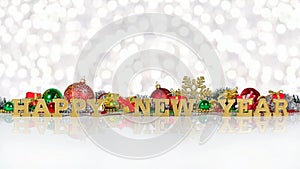 Happy New Year golden text and Christmas decorations