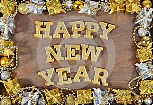 Happy New Year golden text and Christmas decorations