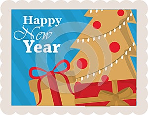 Happy new year 2021, golden tree with gift boxes, postage stamp icon