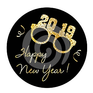 Happy new year graphic with gold glitter eyeglasses and confetti photo