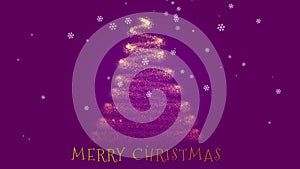 Happy new year greeting animation with tree and snowflakes, purple background