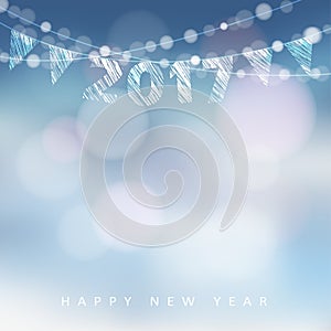 Happy new year greeting card with 2017. Glittering lights, illustration background