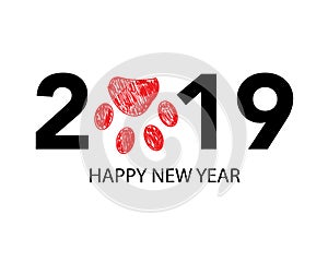 Happy new year greeting card with 2019 text and doodle red paw prints