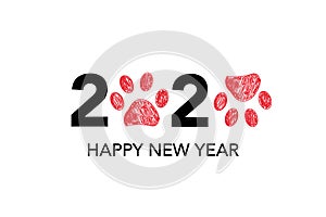 Happy new year greeting card with 2020 text and doodle red paw prints