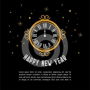 Happy New Year 2019. greeting card . New Year background with gold clock