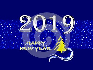 Happy New Year 2019, greeting card on blue background