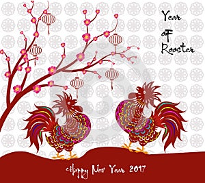 2017 Happy New Year greeting card. Celebration Chinese New Year of the Rooster. lunar new year