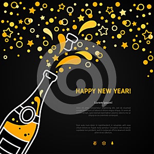 Happy New Year greeting card with champagne explosion bottle