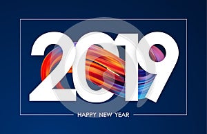 Happy New Year 2019. Greeting card with colorful abstract twisted acrylic paint stroke shape on blue background.