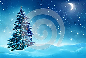 Happy New Year greeting card with copy-space. Night landscape with moon. Christmas tree with decorations