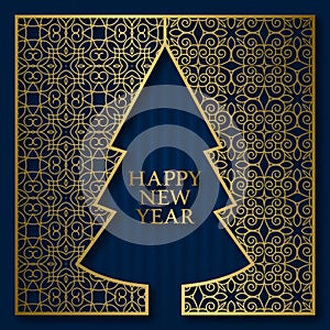 Happy New Year greeting card cover background with golden ornamental frame in Christmas tree shape