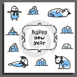 Happy new year greeting card with cute cartoon arctic animals