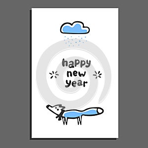 Happy new year greeting card with cute cartoon fox