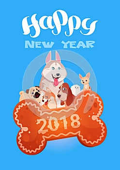 Happy New Year 2018 Greeting Card With Cute Dogs On Bone Shape Cookie