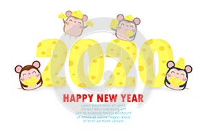 Happy new year 2020 greeting card with cute mouse and cheese. Rat zodiac. Merry Christmas of the Rat  Symbol, flyers, poster