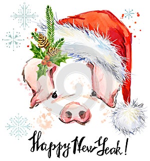 Happy New Year greeting card. Cute pig watercolor Illustration.