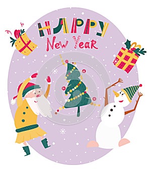 Happy New Year greeting card with dancing Santa. Snowman, Santa Claus and Christmas Tree dancing together. Funny Winter