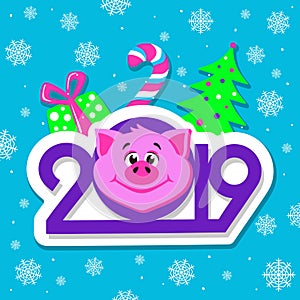 Happy New Year greeting card design with cartoon pigs face on blue background.