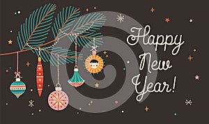 Happy New Year greeting card flat vector template. Fir tree branch with hanging decorative retro baubles and calligraphy