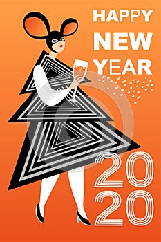 Happy New Year greeting card with a funny girl in an extravagant carnival dress and a mouse mask