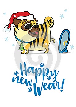 Happy new year greeting card with funny pug dog