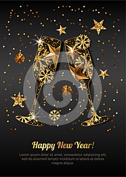 Happy New Year greeting card with gold drinking glasses. Holiday black glowing background.