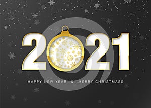 2021 happy New Year greeting card. Gold paper cut Christmas ball and greeting text. Decoration design element for holiday banner