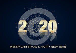 Happy New Year Greeting Card. Golden Clock instead of zero in 2020. Holiday midnight countdown. Christmas Decoration Element