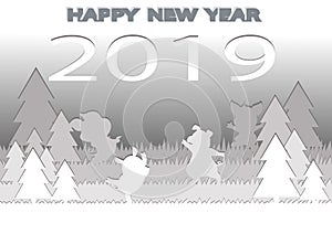Happy new year greeting card on gray background with showflakes pattern. Vector winter numbers 2019 poster design