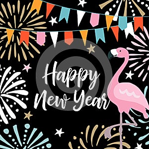 Happy New Year greeting card, invitation with hand drawn fireworks, flags and flamingo bird. Birthday party decoration