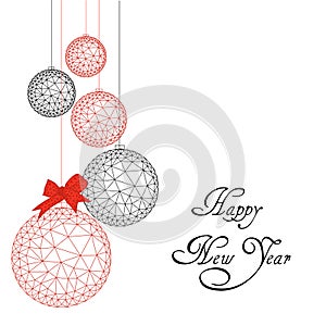 Happy New Year greeting card with low poly christmas balls, ribbon bow and text in red and black