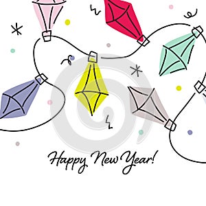 Happy new year greeting card with multicolored hand drawn holiday Christmas lights. Elegant vector illustration with retro decor