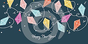 Happy new year greeting card with multicolored hand drawn holiday Christmas lights. Elegant vector illustration with retro decor